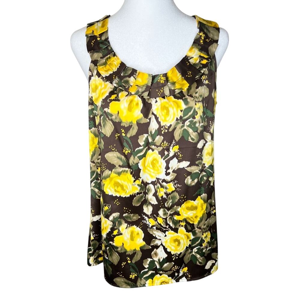 Loft Satin Ruffle Tank Blouse M Brown Yellow Roses Floral Feminine Coquette Rose